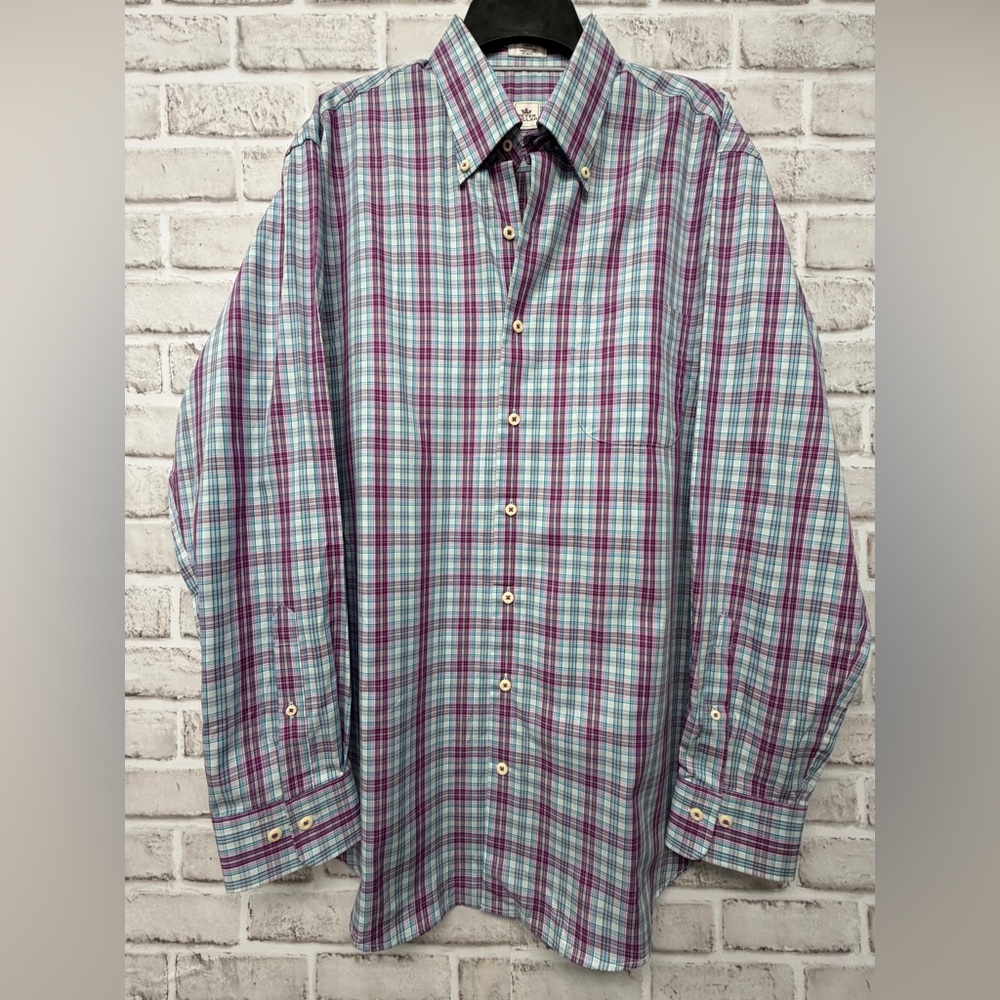 Peter Millar men’s sz. L. in eggplant, turquoise men’s button down cotton shirt.